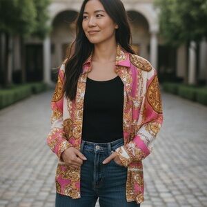 Penelope Project Pink and Gold Patterned Button-Up Shirt size small w/pocket